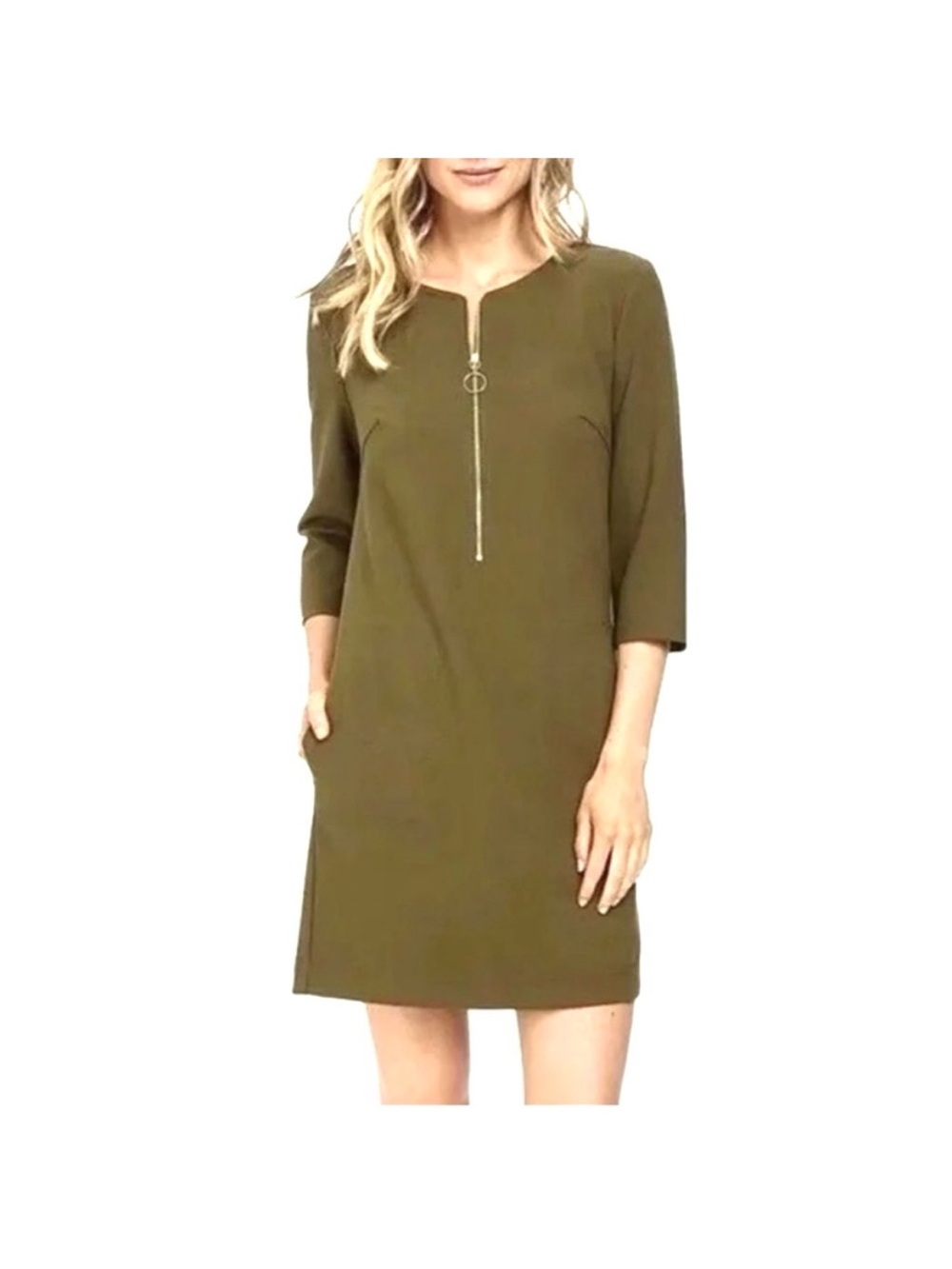 TRINA TURK Olive Versed Shift Women's Dress size 0 Gold zip front EUC